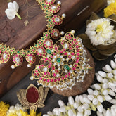 Vriksham Mango Style Kundan Jadau Neckpiece-Red Green-Pearl-J3330